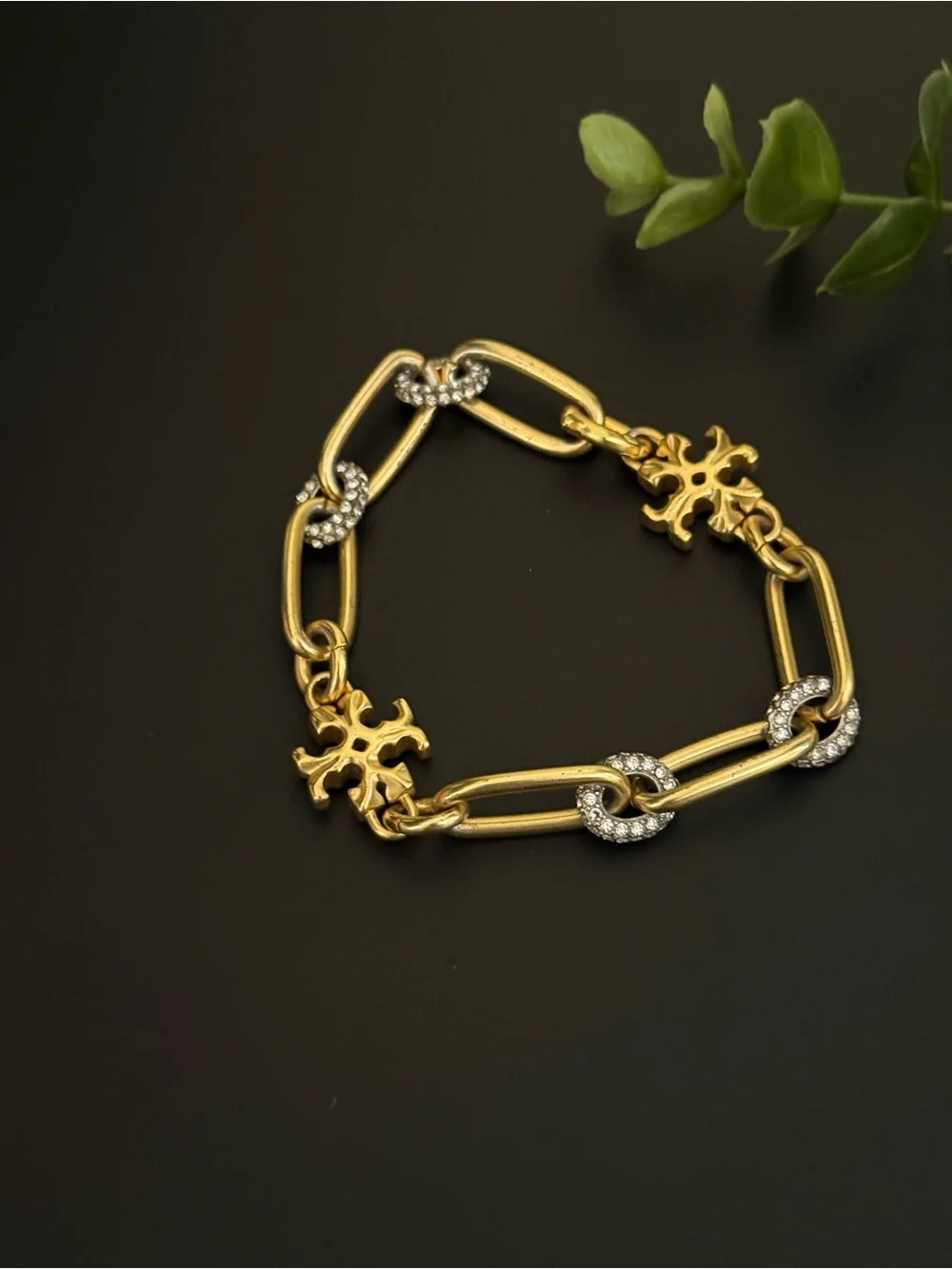 Tory‎ Burch Gold Link Bracelet with Crystal Accents